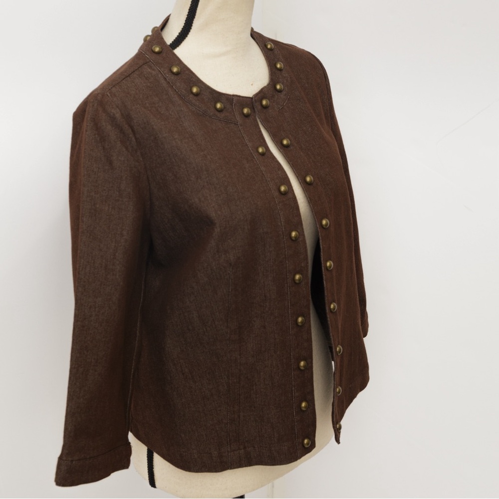 Chocolate denim jacket with antique gold studs embellished jacket NYCC M - Picture 5 of 11